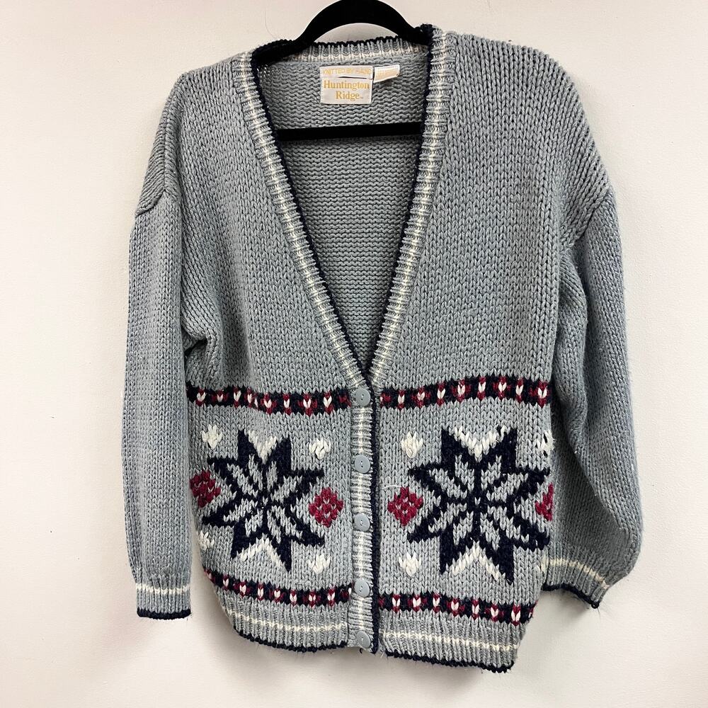 Vintage Women's Huntington Ridge Hand Knit blue snowflake cardigan Medium